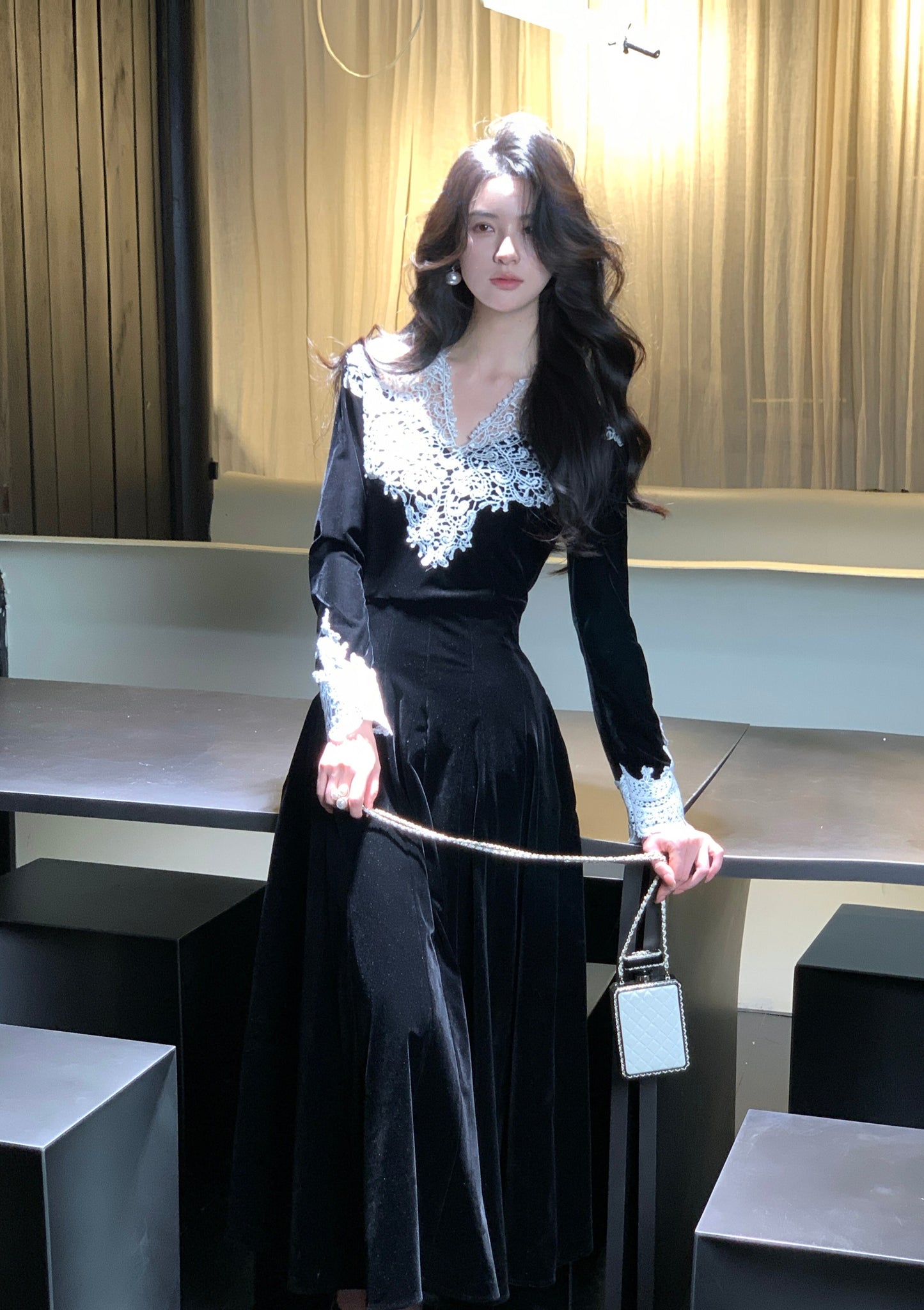 【dress】レーストリミングベロアワンピース　N3476
