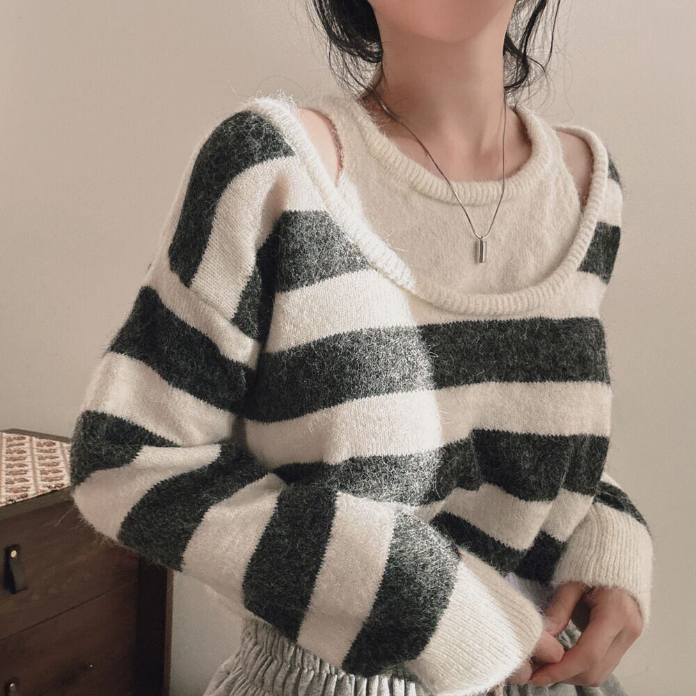 【tops】ボーダー柄切り替えニットセーター　M27774