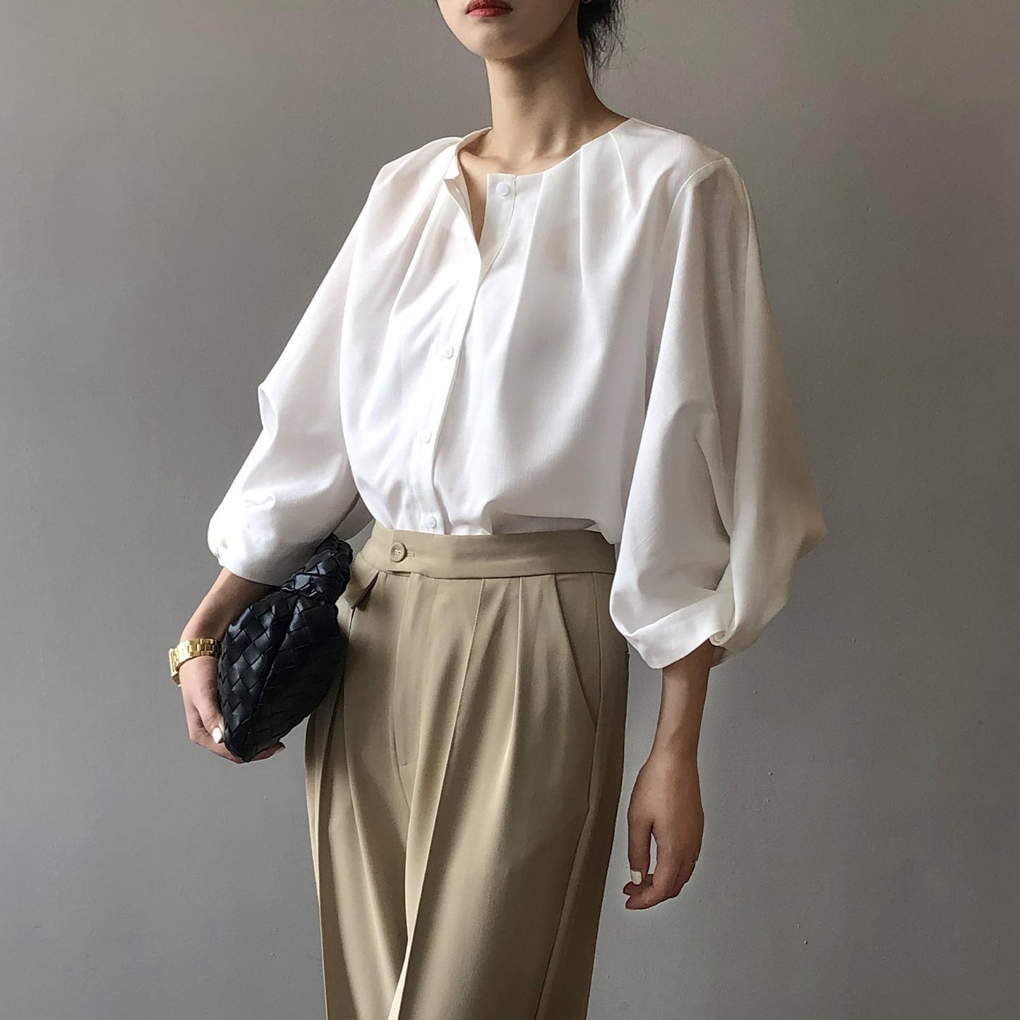 【tops】ランタンスリーブシャツブラウス　M29742