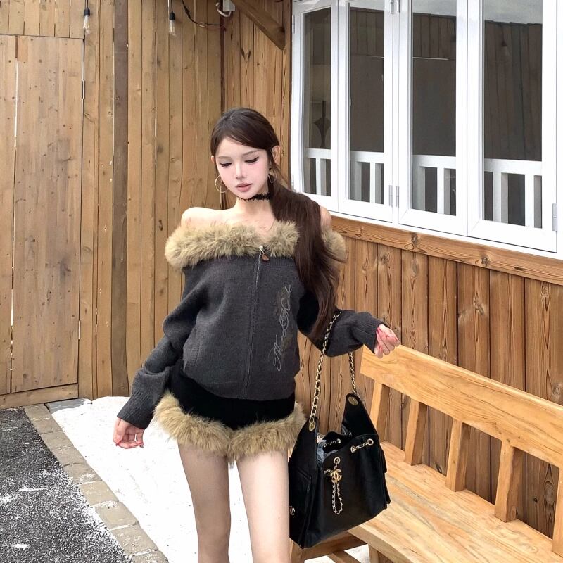 【set】ファーオフショルダートップス×ファーショートパンツセット Q7130