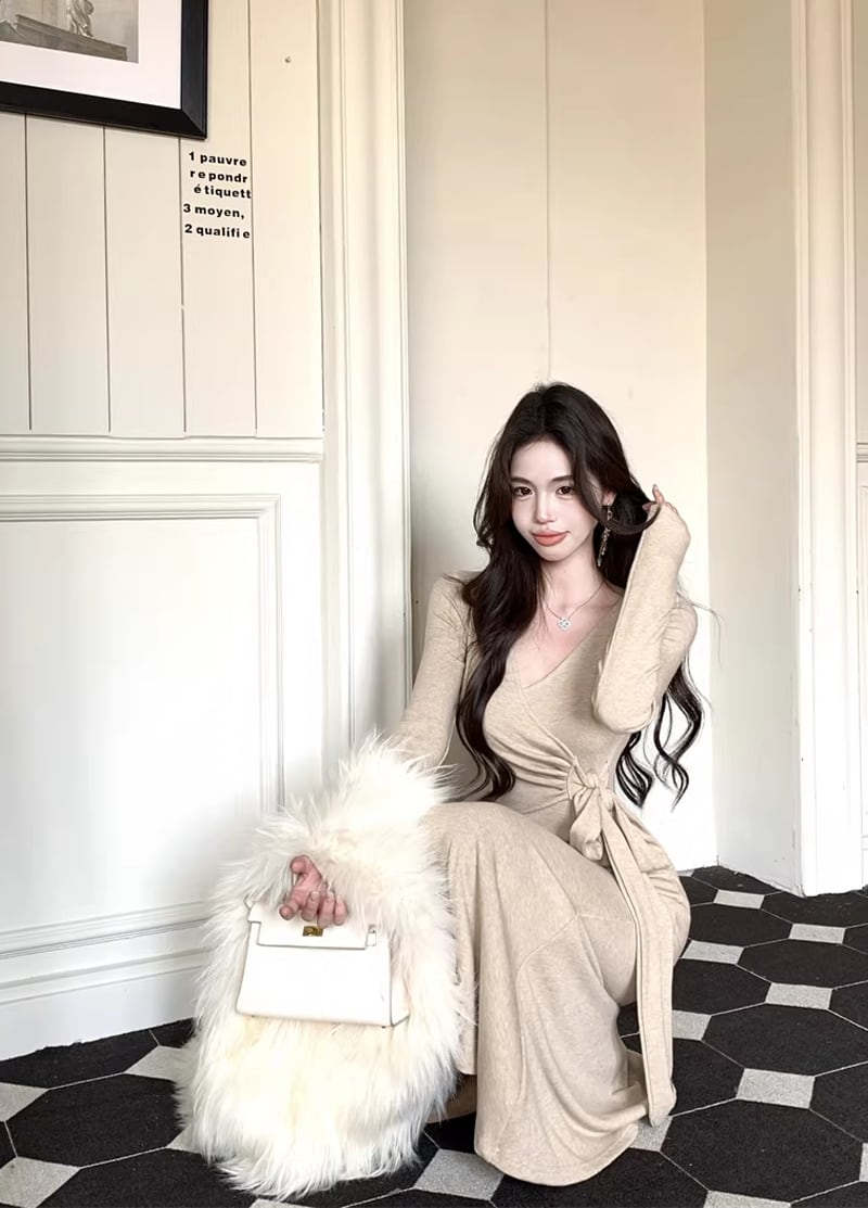 【dress】クロスネックロングニットワンピース Q8113