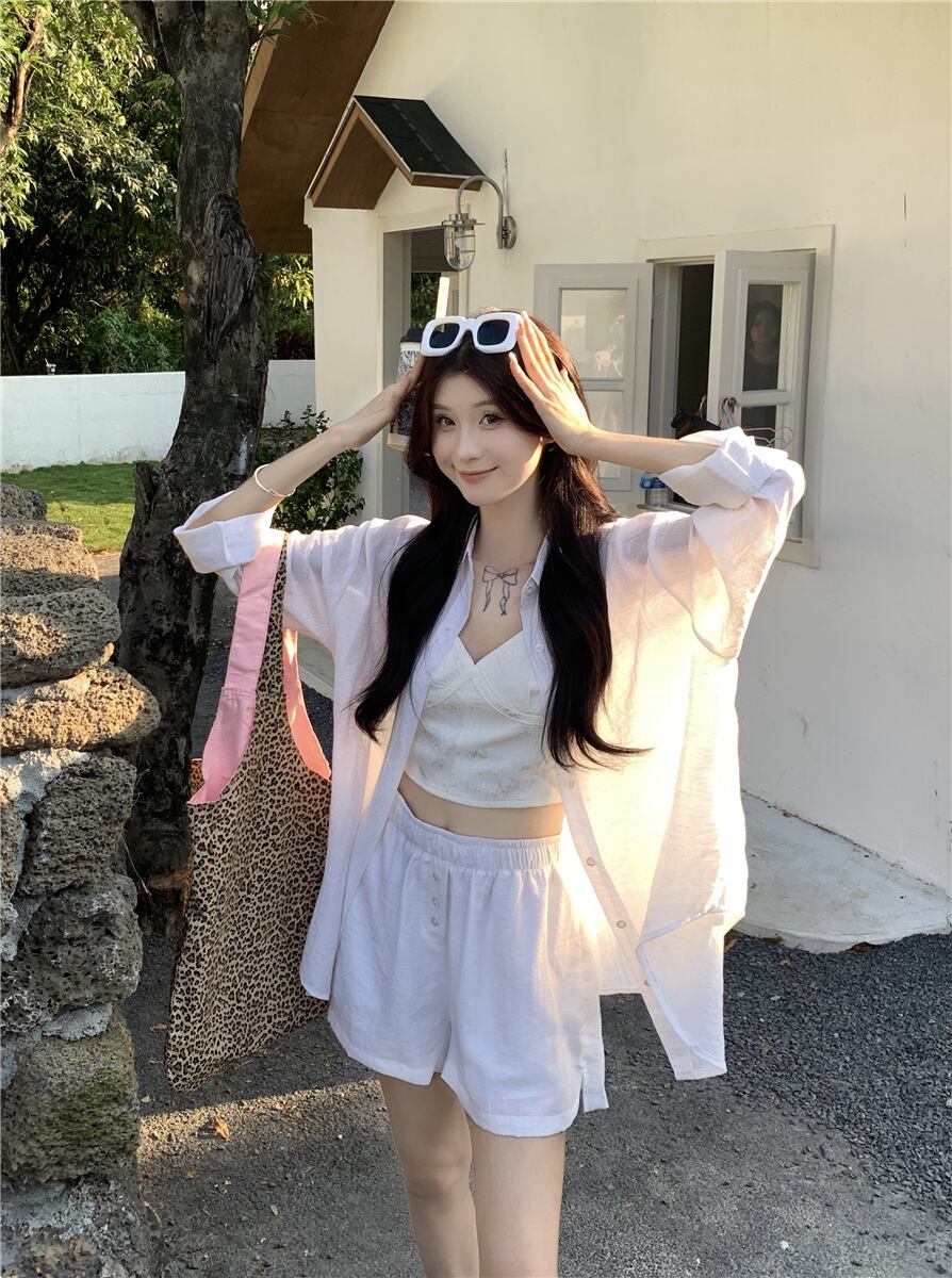 【set】薄手ブラウス+ハイウエストショートパンツ２点セットG21291