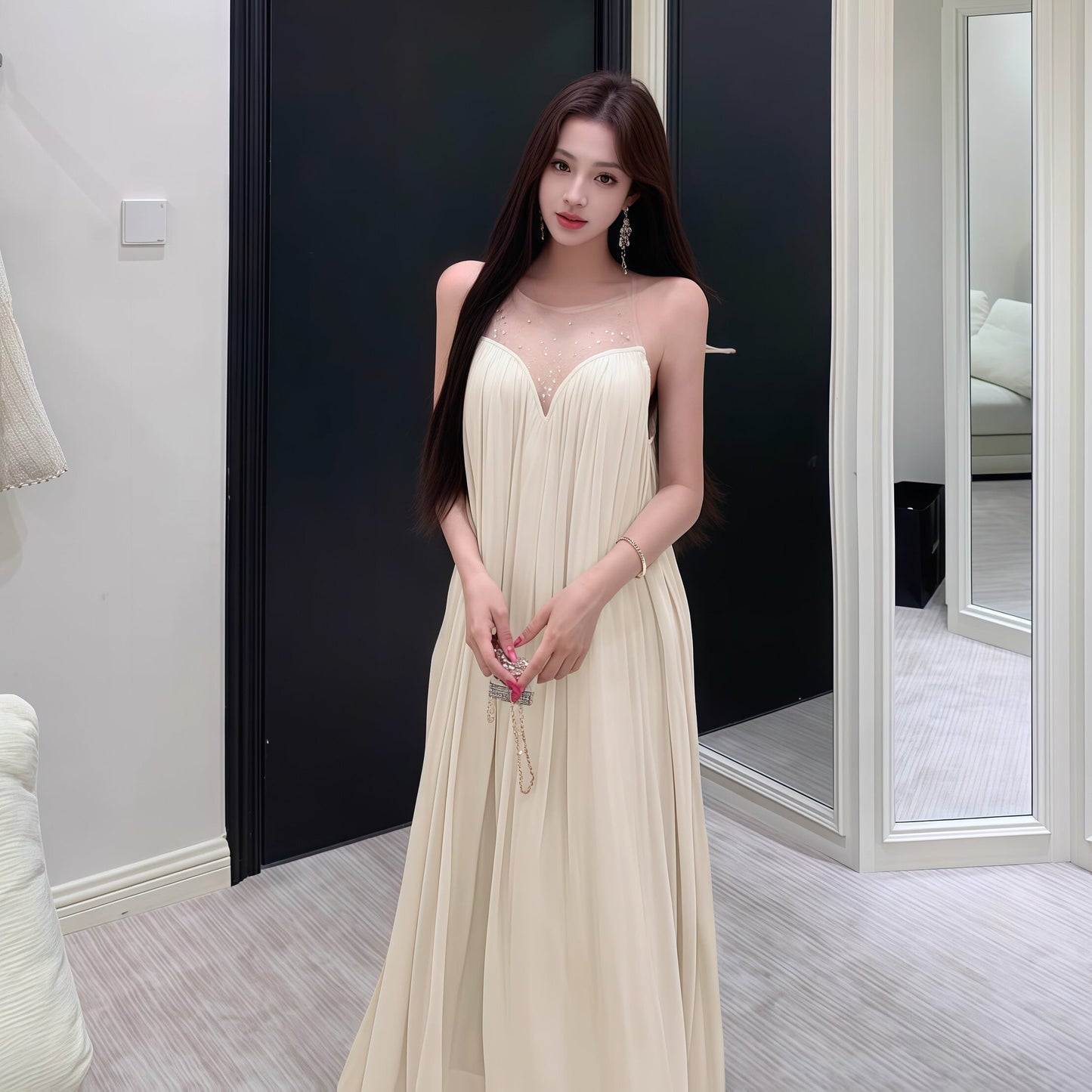 【dress】ラインストーン付きチュールドッキングロングワンピース Q8377