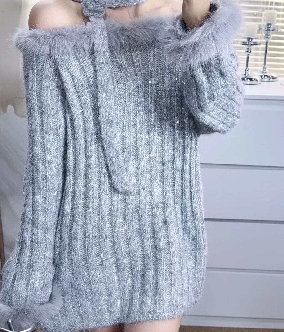 【tops】ファー付きニットトップス Q6954