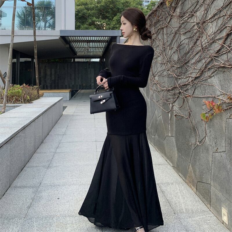 【dress】チュールコンビボートネックマーメイドワンピース　M29764