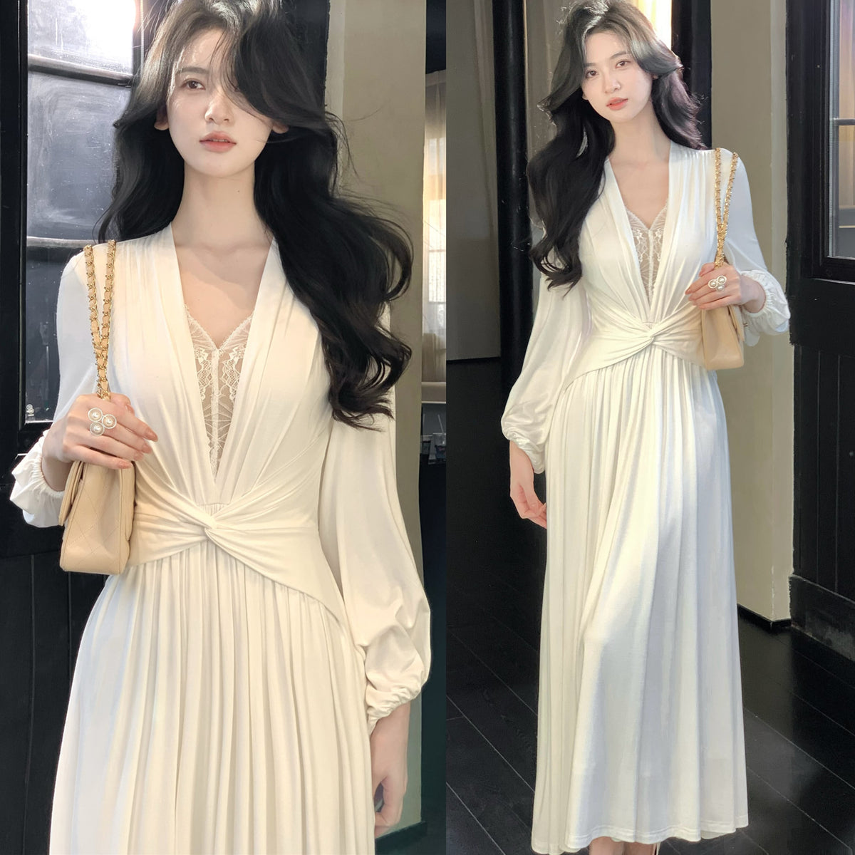 【dress】レースドッキングロングワンピース　N3450
