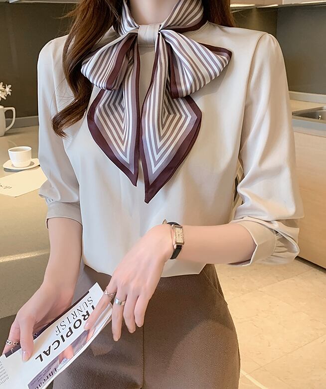 【tops】オシャレ度満点〜2色タイカラー長袖韓国風配色おしゃれ着回しブラウスF1765