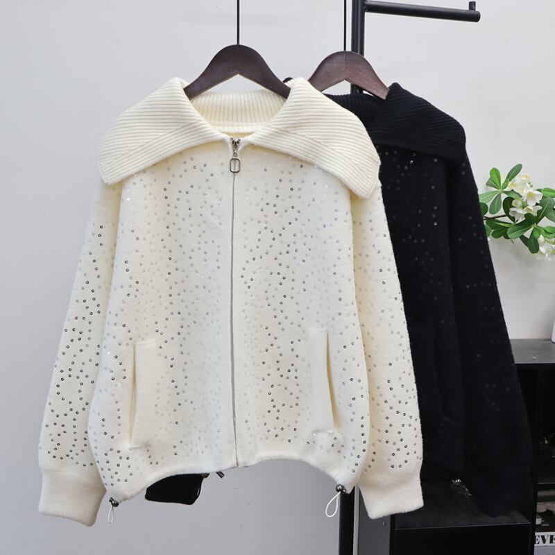 【outer】スパンコール付きニットカーディガン Q7438