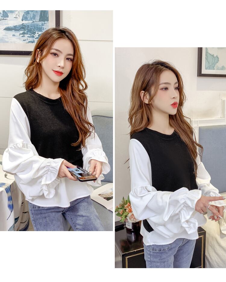 【tops】韓国ファッション早秋新作ラウンドネック長袖パフ袖偽二つ切り替えニットブラウスF0743