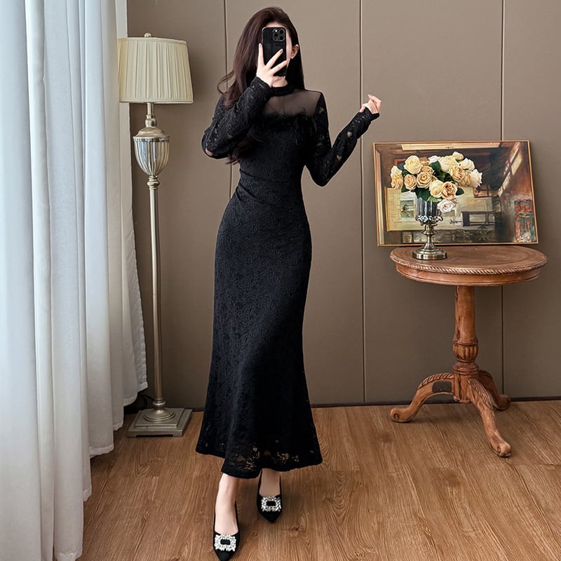 【dress】ファー付きレースワンピース Q7498