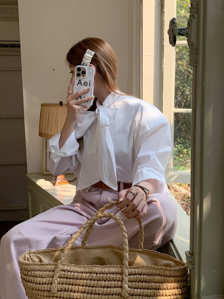 【tops】リボン付きシャツブラウス　M29818