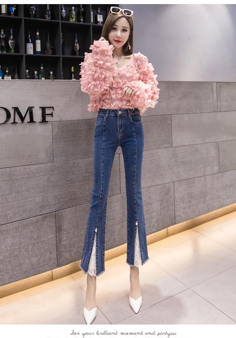 【bottoms】好感度UP!合わせやすい九分丈ハイウエスト着痩せ切り替えレースデニムパンツ G3448