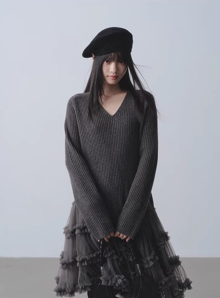 【dress】チュールドッキングウールワンピース Q7963
