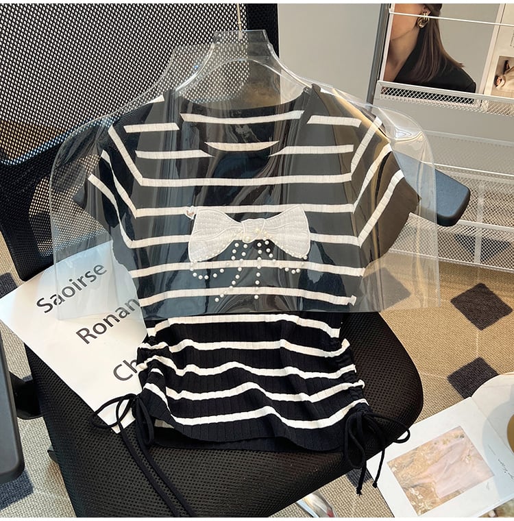 【tops】ビーズリボンニットTシャツG21546