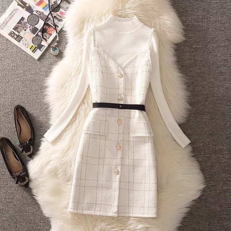 【set】一目惚れ！2点セット無地セーター+Vネックウェスト絞りチェック柄キャミワンピース通勤日常セットアップF1405