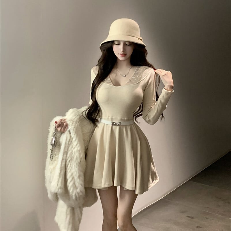 【dress】ラインストーンチュールニットミニワンピース　N3508