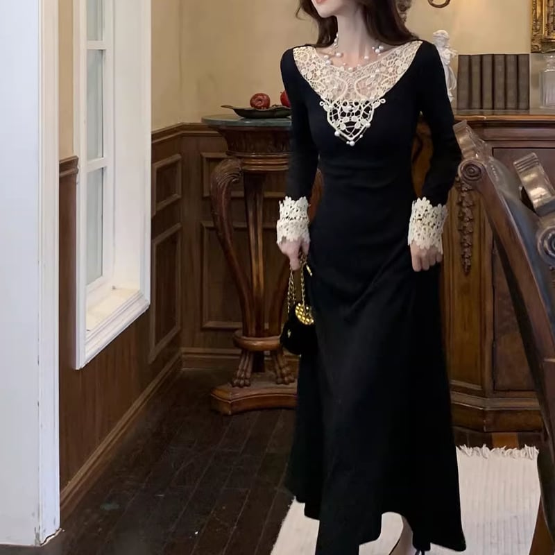 【dress】レースドッキングニットワンピース Q6862