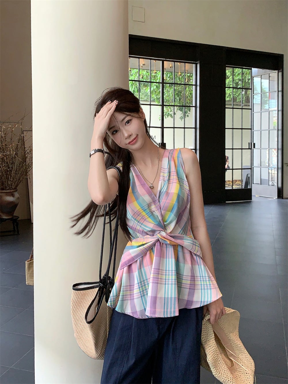 【tops】Vネック配色トップス　M24719