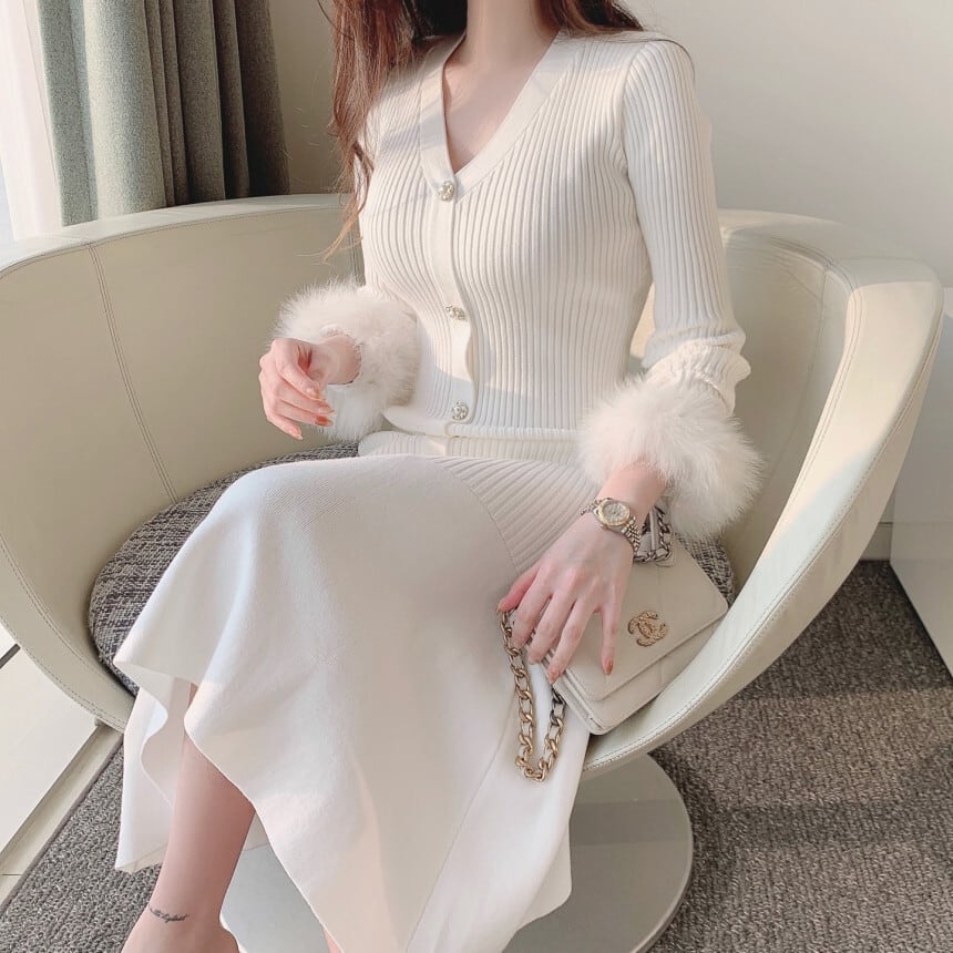 【dress】袖ファー マーメイドニットワンピース　M26156