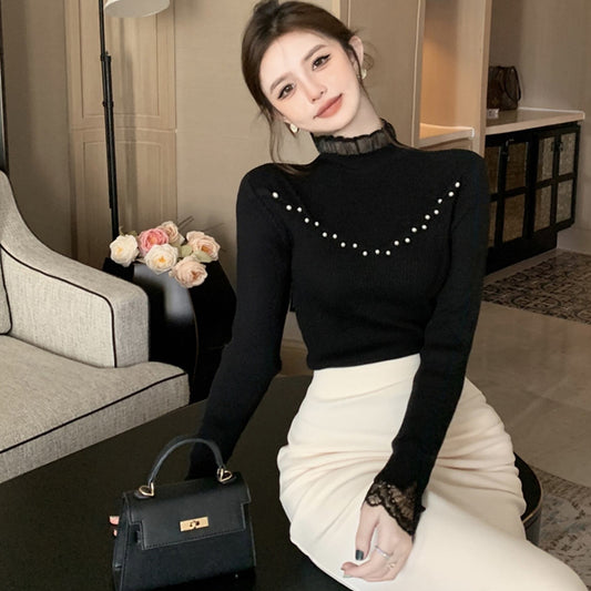 【tops】レースパールハーフネックニットG18015