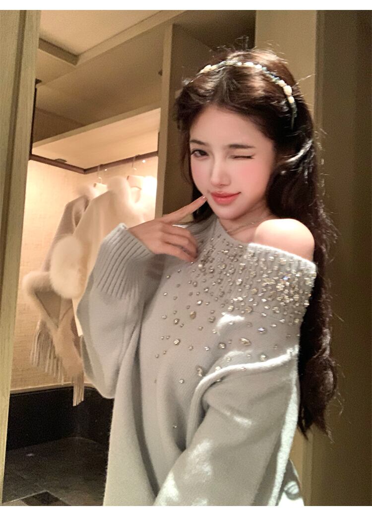 【tops】オフショルビジューニットトップス N3425
