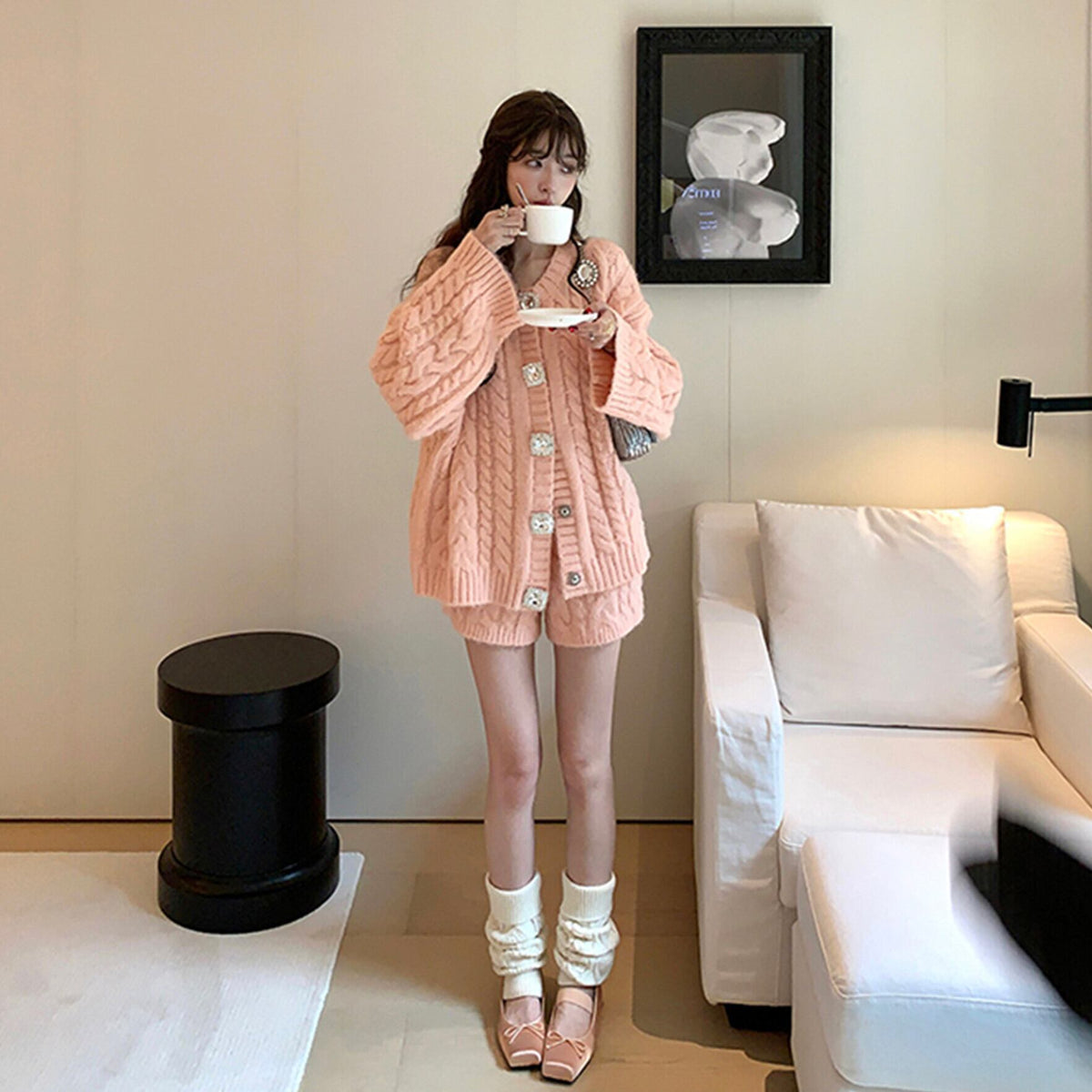 【set】ビジューボタンカーディガン×ショートパンツセット　N3395
