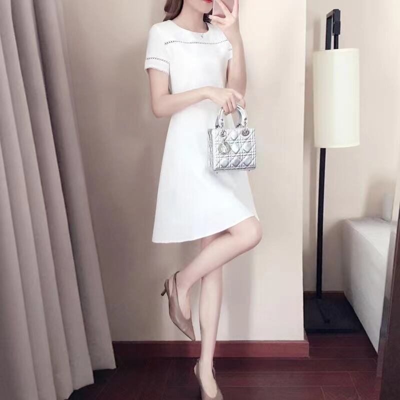 【dress】見逃し厳禁ラウンドネック半袖無地透かし彫り披露宴二次会AラインワンピースF2113