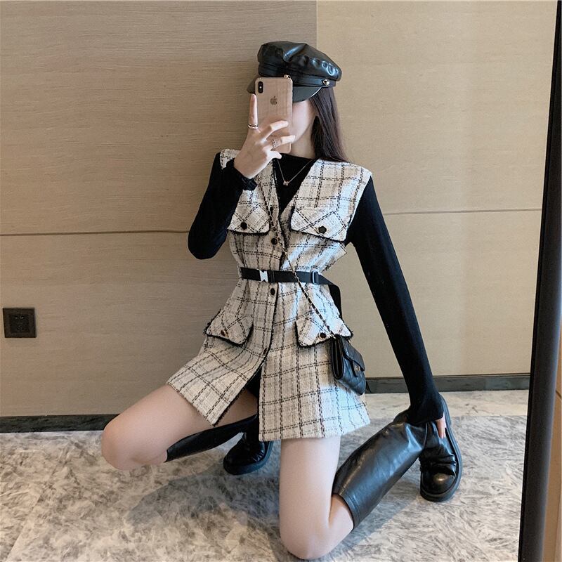 【set】オシャレ度満点〜無地着やせＴシャツ+チェック柄ベスト通勤日常ファッション2点セットF0782