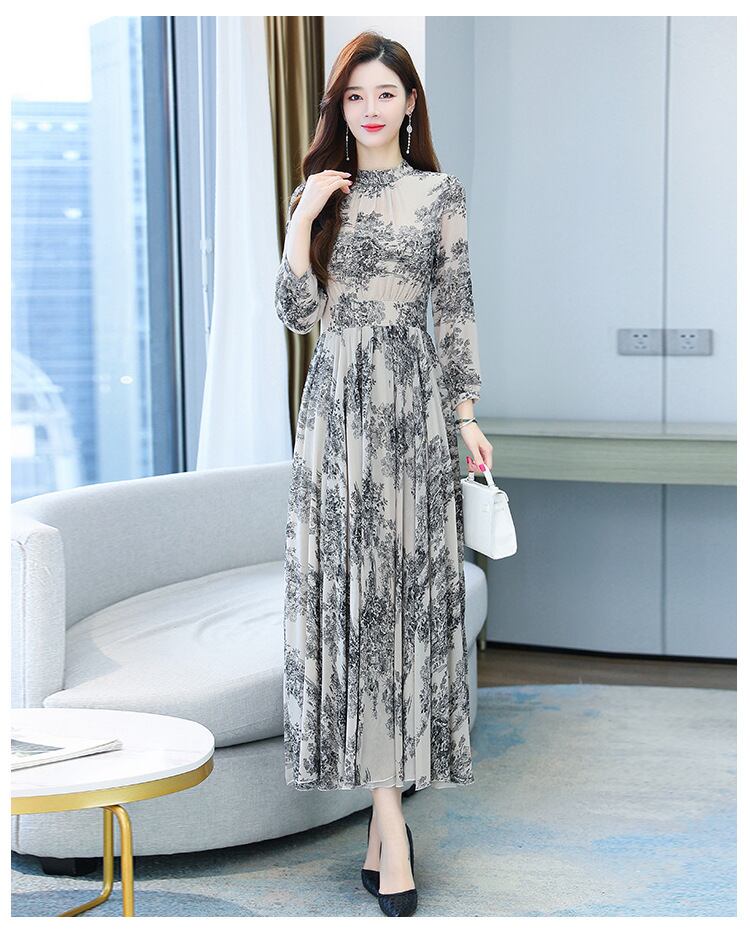 【dress】今季トレンド7分袖ウェスト絞りギャザー海旅行花柄配色大振り子シフォンロング丈ワンピースF1732