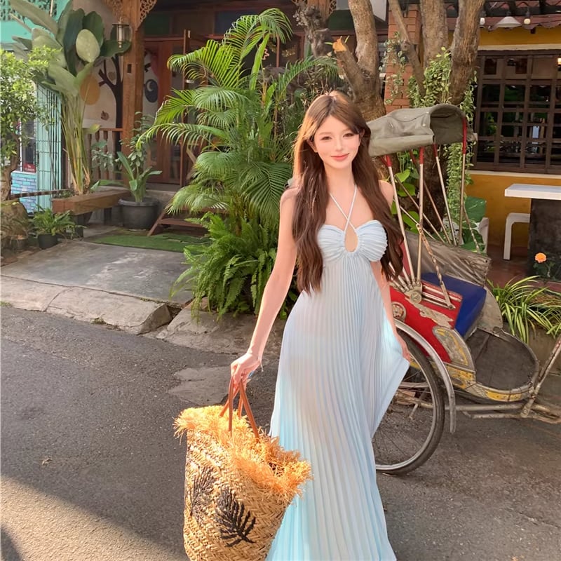 【dress】ホルターネックバックオーポンロングプリーツワンピース Q8371