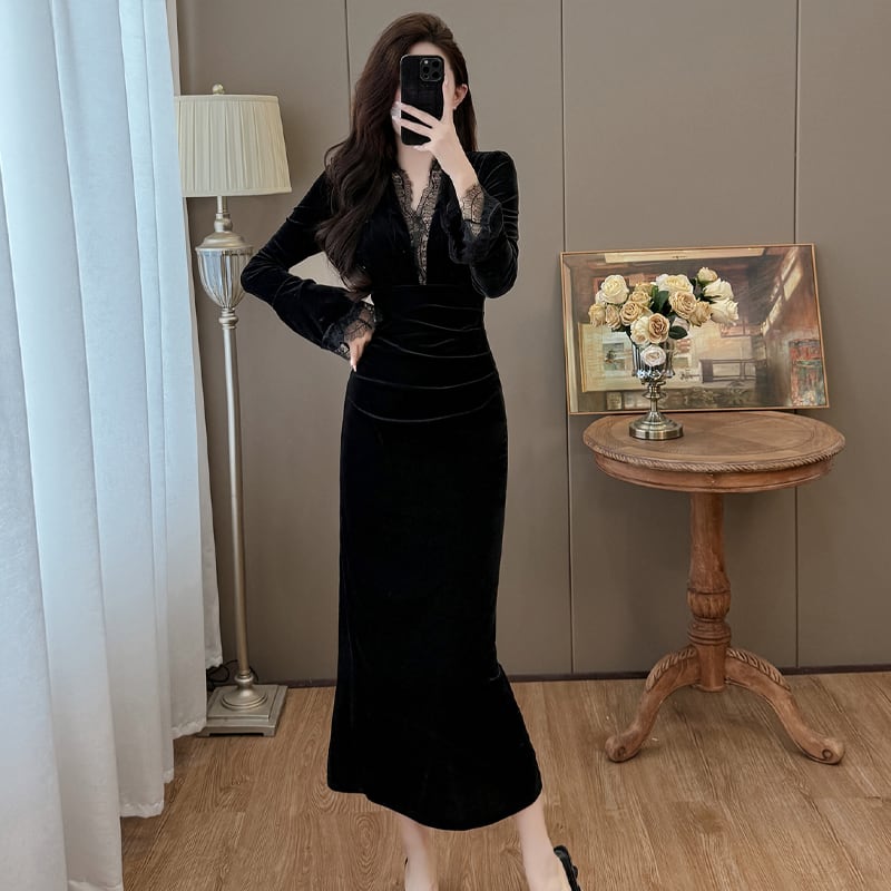 【dress】レースドッキングベルベットワンピース Q7496