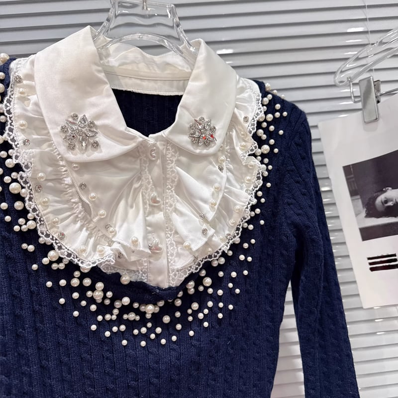 【tops】パール付きフェイクレイヤードニットトップス Q7998