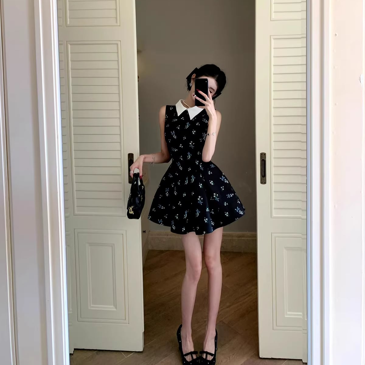 【dress】ノースリーブ花柄フレアミニワンピース Q8413