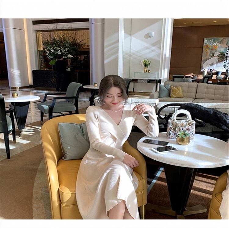 【dress】好感度UP!気質満点エレガントVネック知的着痩せニットワンピース G2291