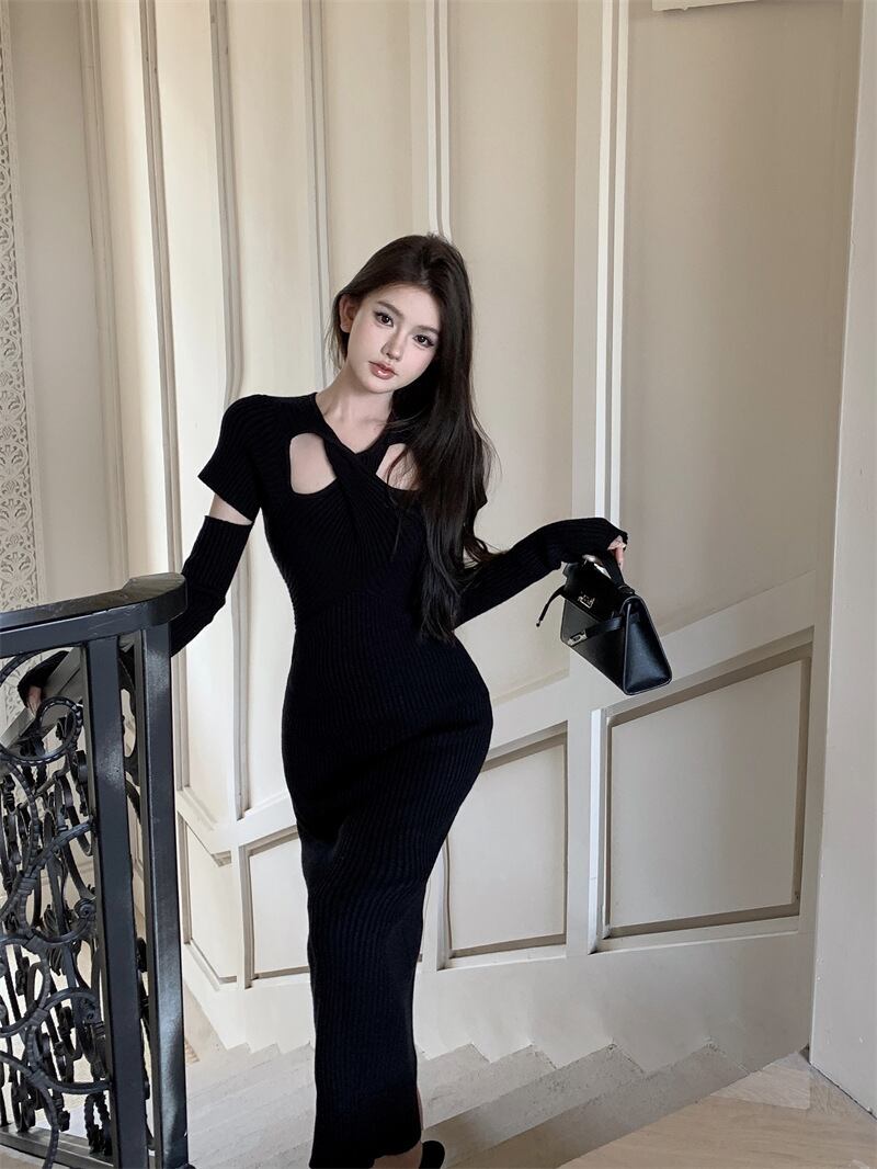 【dress】アームカバー付きニットワンピース　M28247