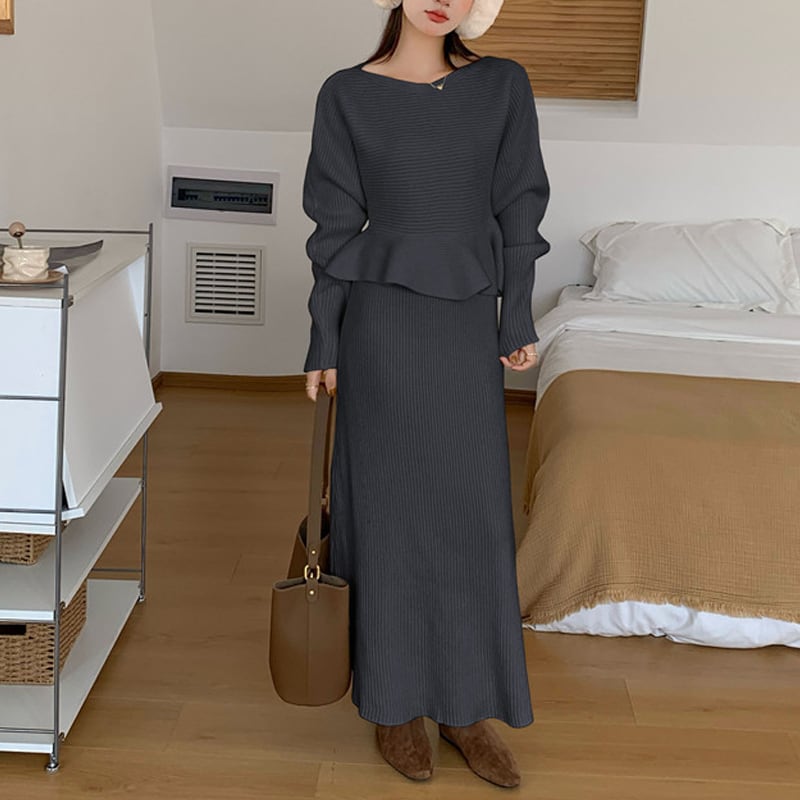 【set】フレアニットトップス×ロングスカートセット Q7672