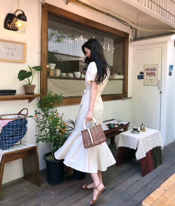 【dress】ファッションand清新！気質満点Vネック無地着痩せワンピース