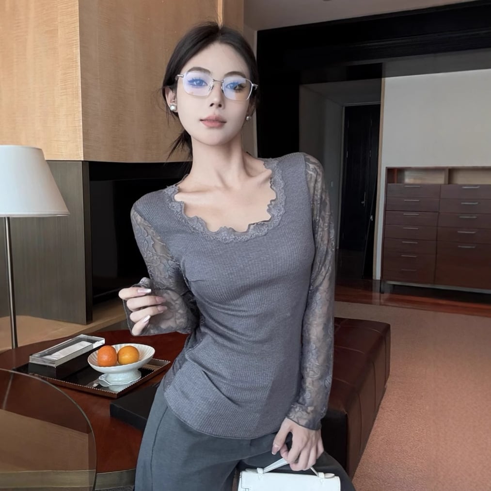 【tops】レース切り替えニットトップス　M27945