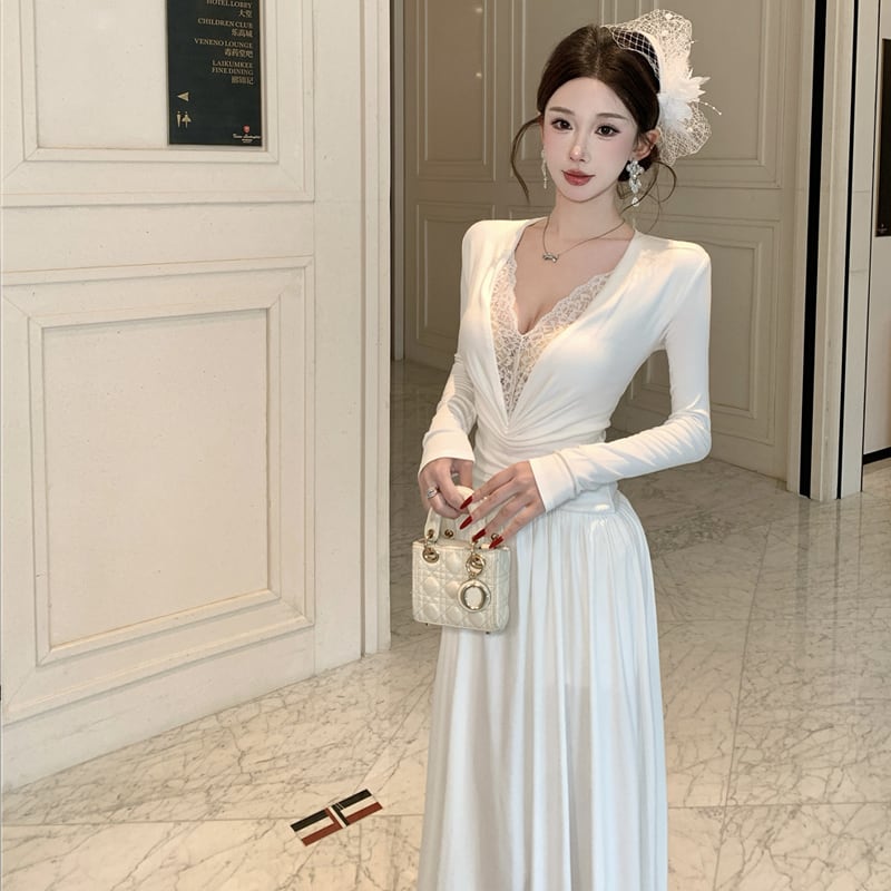 【dress】Vネックレースドッキングワンピース Q7425