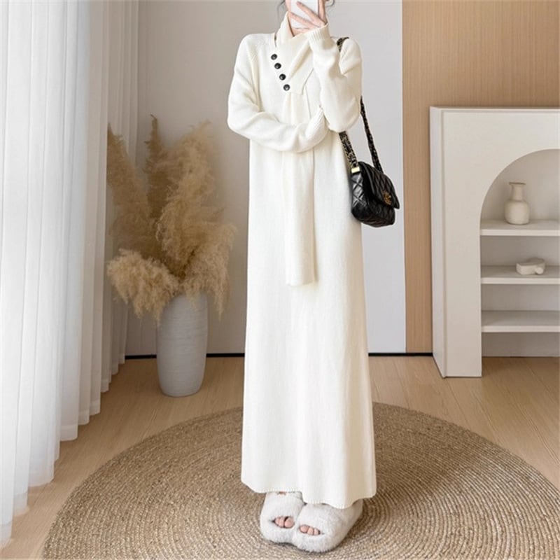【dress】マフラー付きロングニットワンピース Q7315