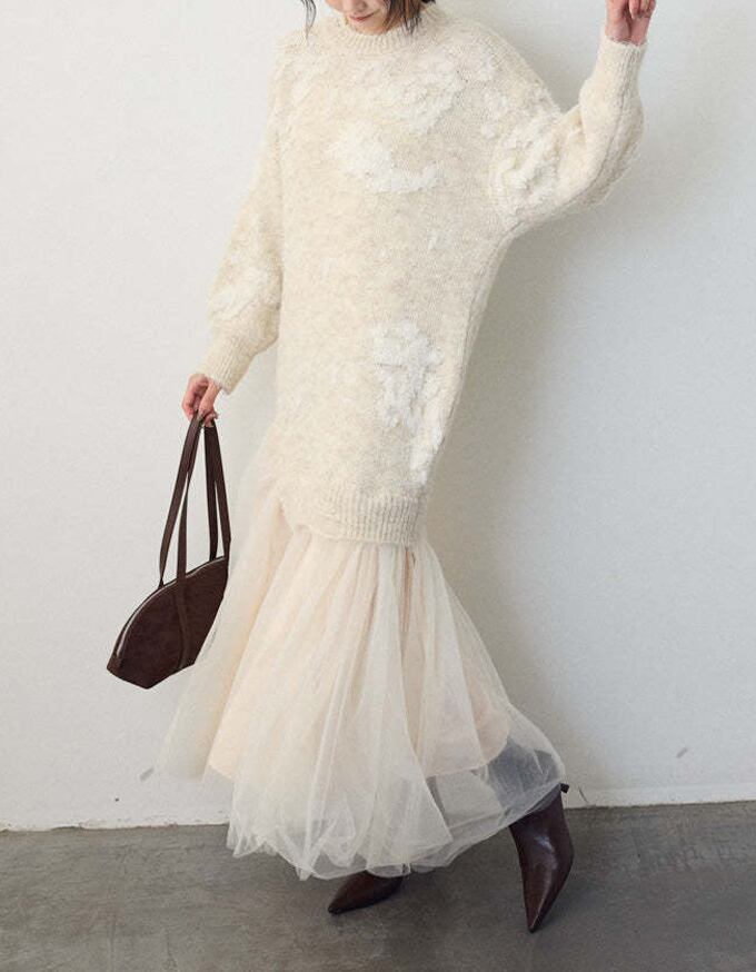 【dress】チュールドッキングロングニットワンピース Q7839