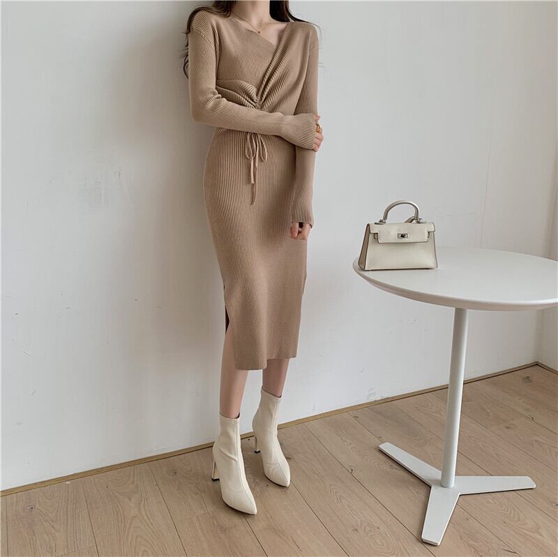 【dress】上品な質感!気質満点体型カバー長袖Vネックニットワンピース G1895