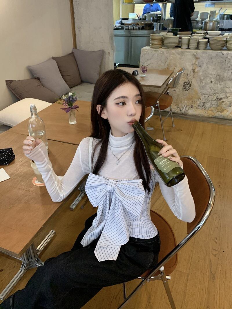 【set】Tシャツ+ストライプ柄リボンベアトップ２点セットG21346