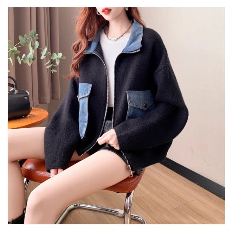 【outer】デニム切り替えニットカーデ　M25745