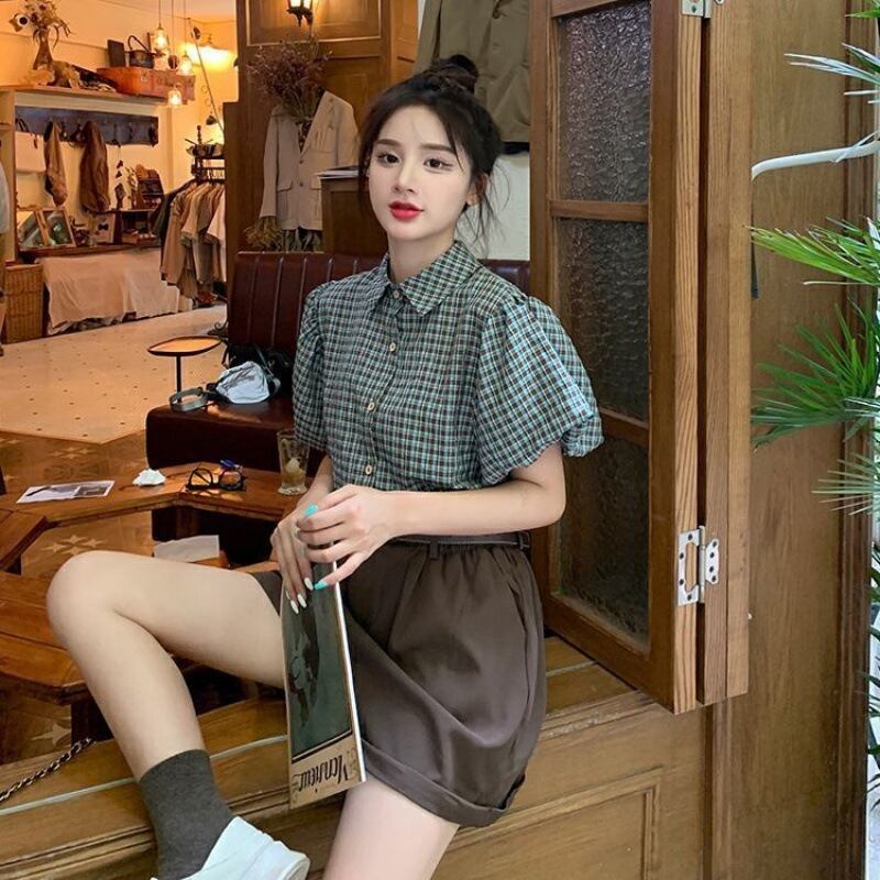 【set】チェック柄ブラウス+ショートパンツ２点セットG21352