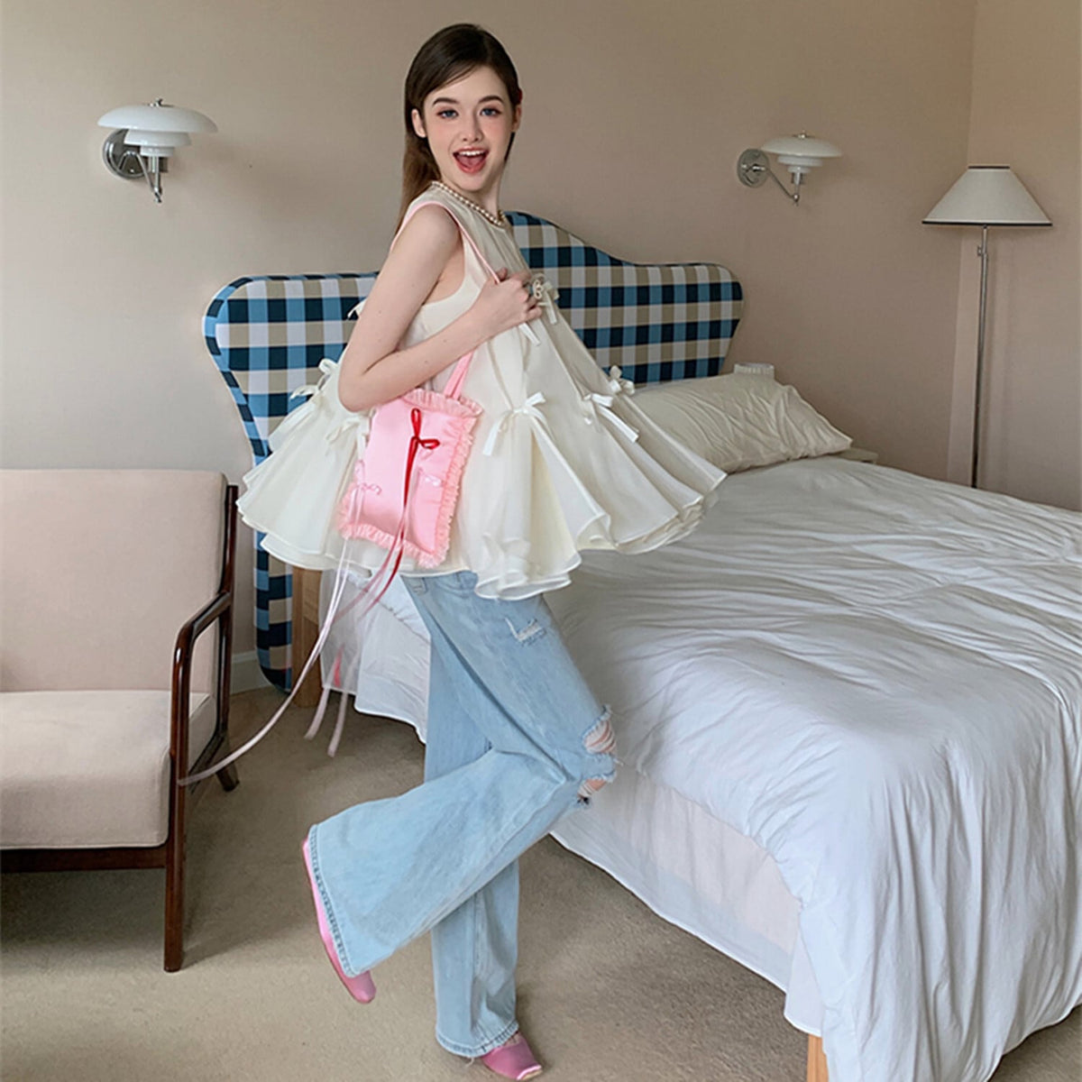 【tops】リボンペプラムノースリーブトップス　N3011