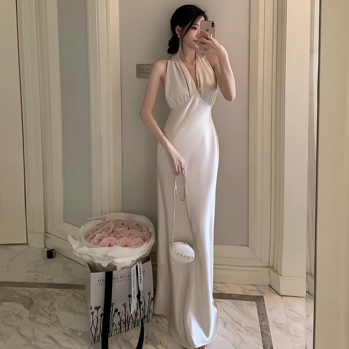 【dress】ノースリーブホルターネックロングワンピース Q7992