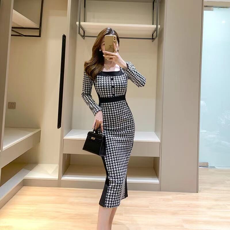 【dress】今季トレンド韓国風INS風スクェアネック長袖千鳥柄ウェスト絞りタイトワンピースF4017