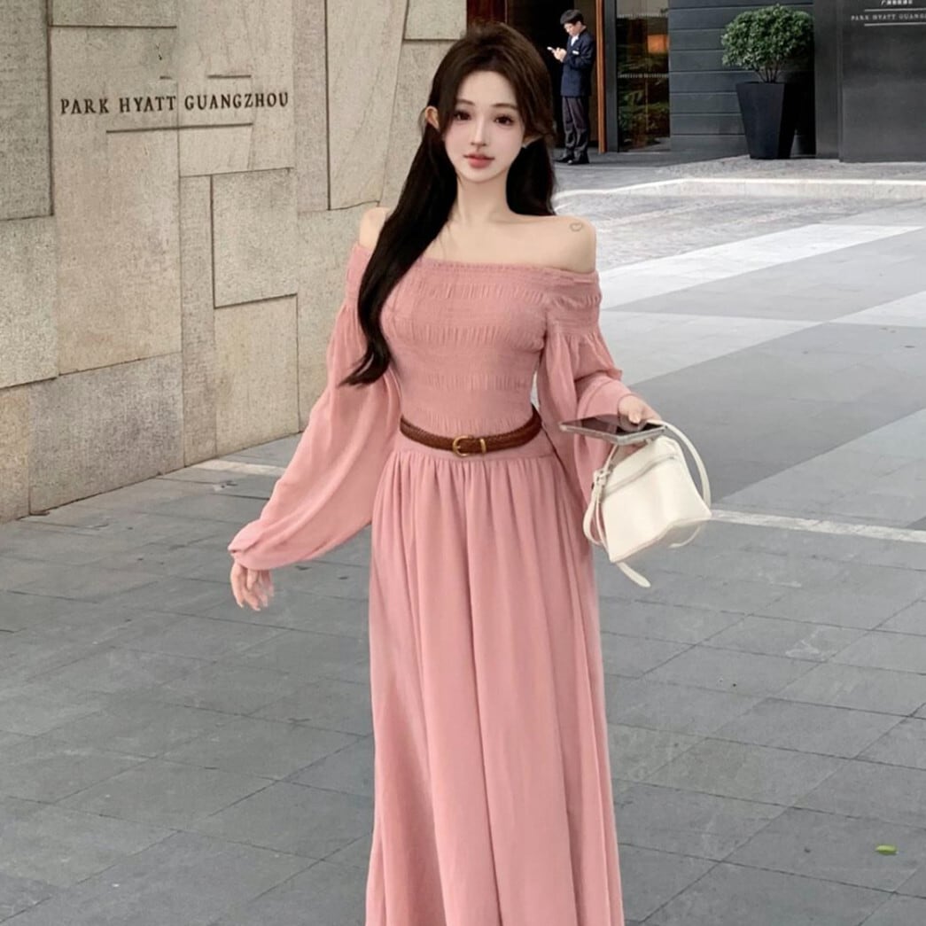 【dress】ボートネックワンピースベルト付き　M24667
