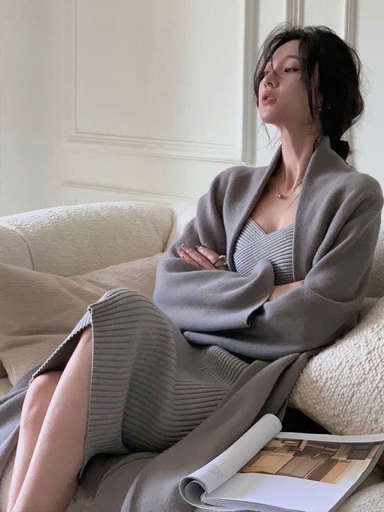 【set】カシュクールニットワンピース×ロングカーディガンセット　N2719